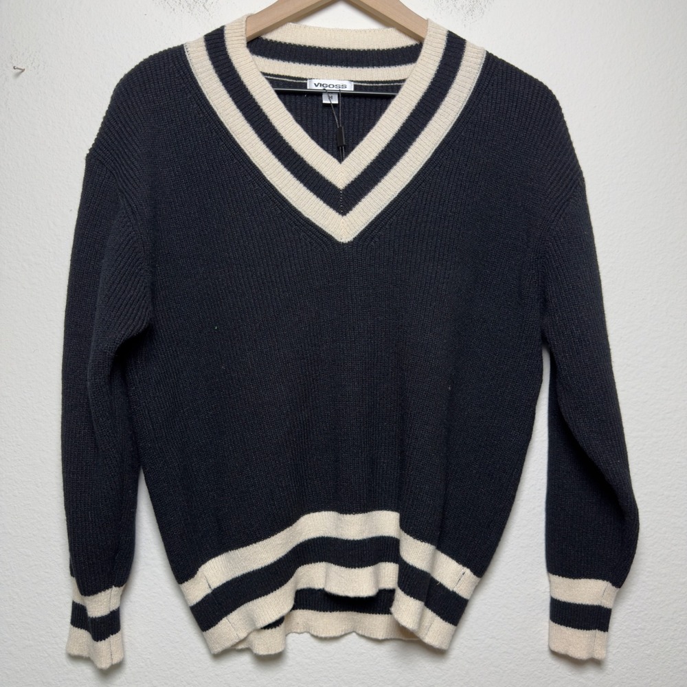 NEW Vigoss Women Preppy Sweater M Black White Striped Rib Varsity Collegiate